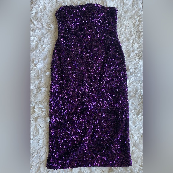 NWT Fashion Nova Sequin Strapless Purple Midi Dress - Picture 2 of 8